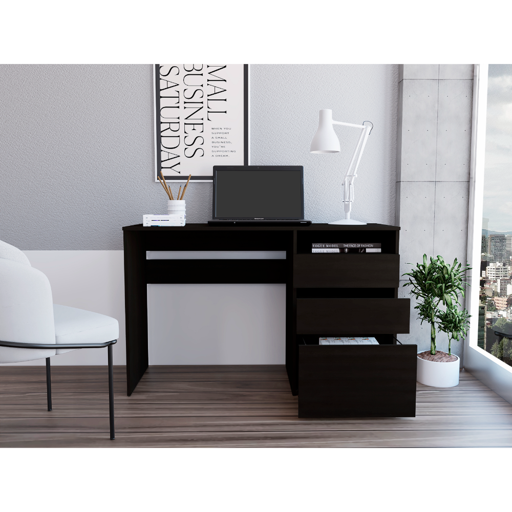 Kenai 3 Drawers Computer Desk, One Shelf, Black