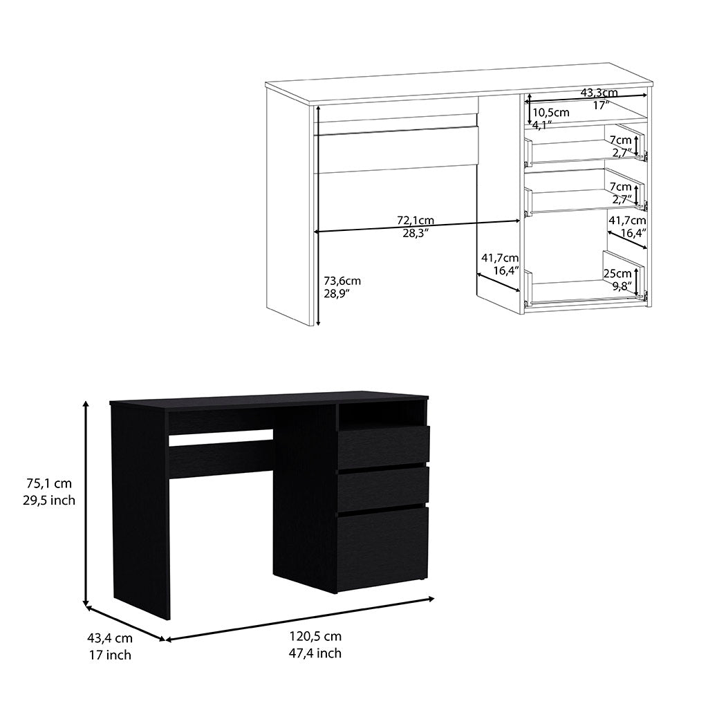 Kenai 3 Drawers Computer Desk, One Shelf, Black