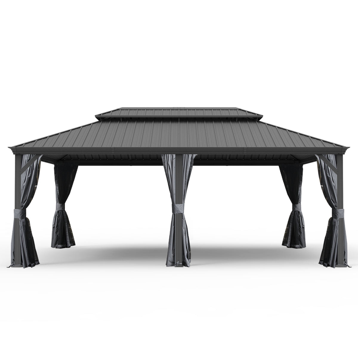 14' X 20' Hardtop Gazebo, Upgraded Metal Gazebo with Drainage System, Dual-Layer Galvanized Steel Roof, Curtain and Netting, Outdoor Shelter Canopy for Patio, Garden, and Backyard, Grey