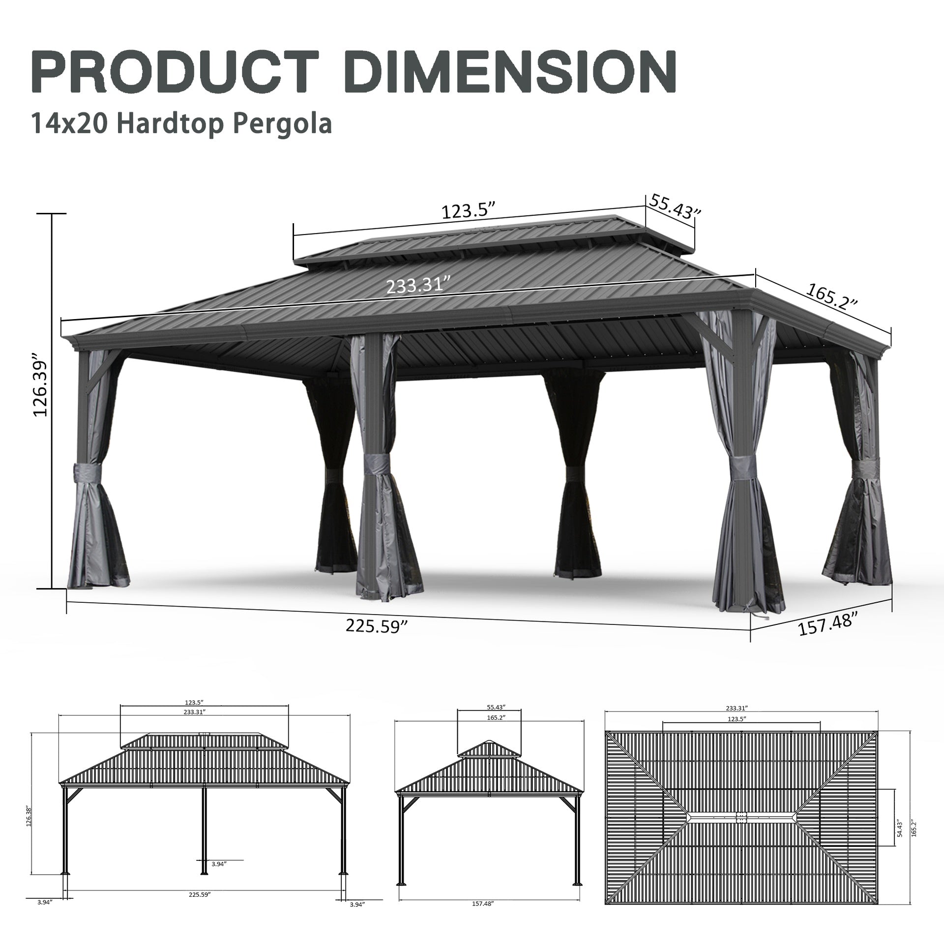 14' X 20' Hardtop Gazebo, Upgraded Metal Gazebo with Drainage System, Dual-Layer Galvanized Steel Roof, Curtain and Netting, Outdoor Shelter Canopy for Patio, Garden, and Backyard, Grey