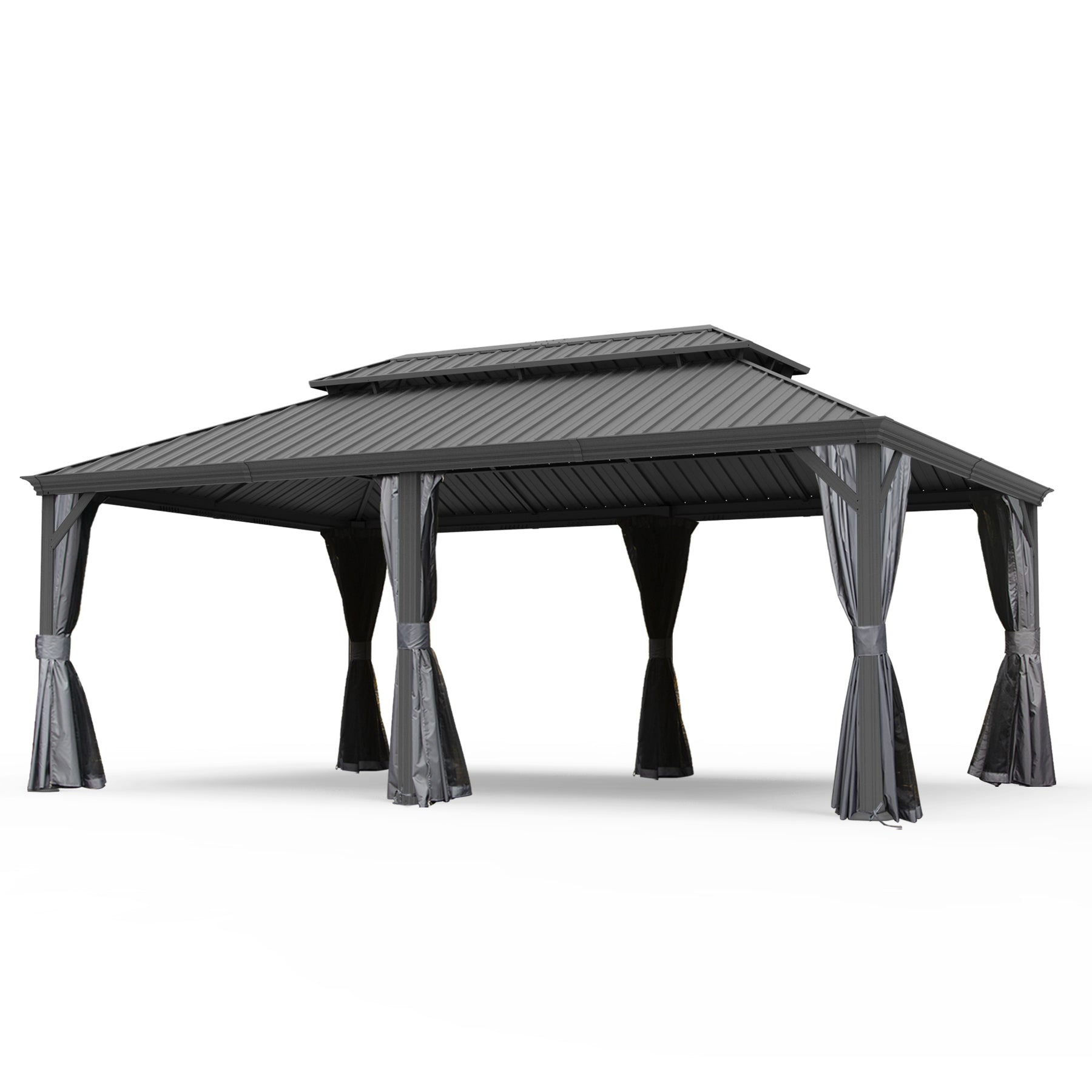 14' X 20' Hardtop Gazebo, Upgraded Metal Gazebo with Drainage System, Dual-Layer Galvanized Steel Roof, Curtain and Netting, Outdoor Shelter Canopy for Patio, Garden, and Backyard, Grey