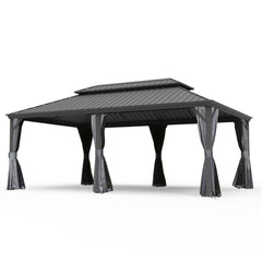 14' X 20' Hardtop Gazebo, Upgraded Metal Gazebo with Drainage System, Dual-Layer Galvanized Steel Roof, Curtain and Netting, Outdoor Shelter Canopy for Patio, Garden, and Backyard, Grey