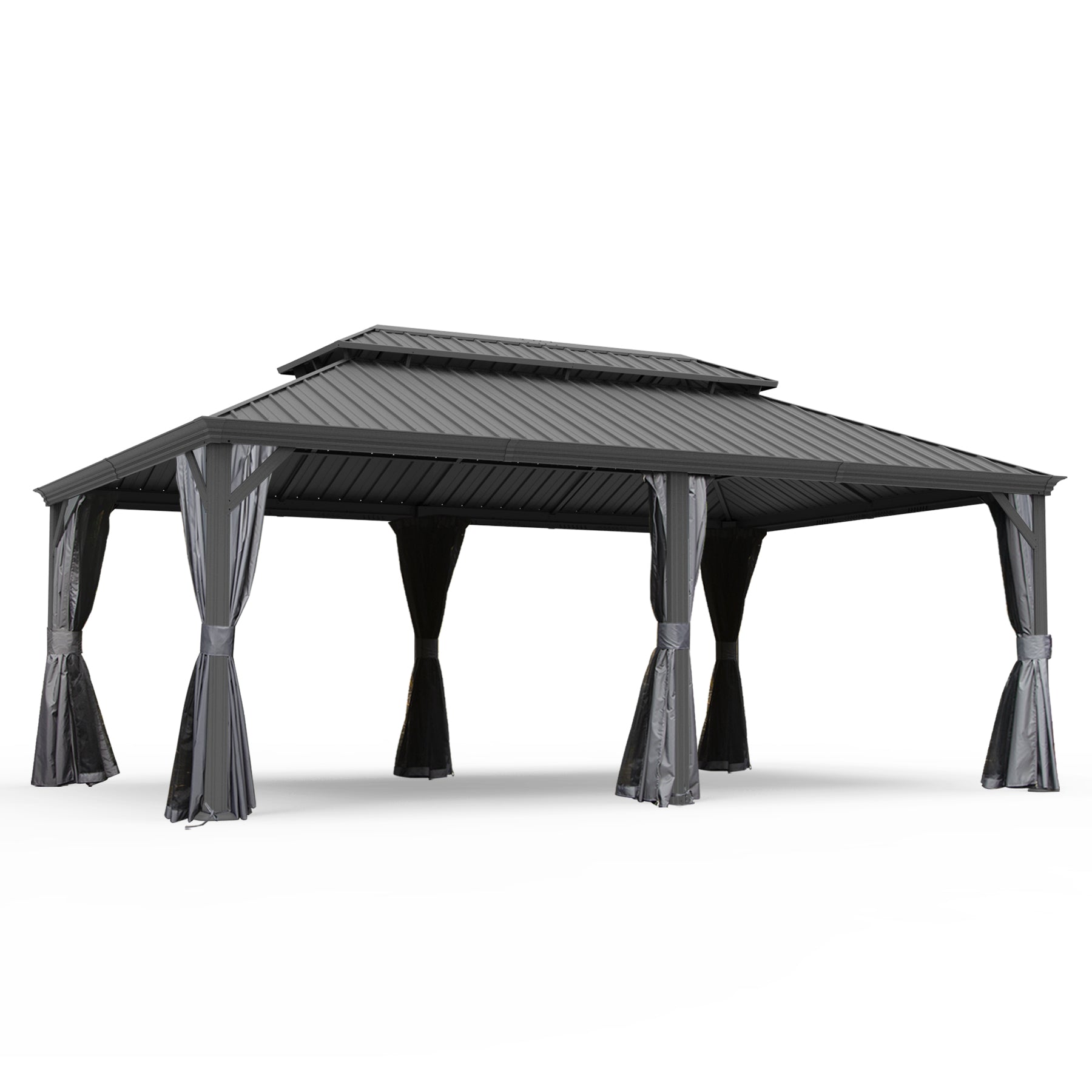 14' X 20' Hardtop Gazebo, Upgraded Metal Gazebo with Drainage System, Dual-Layer Galvanized Steel Roof, Curtain and Netting, Outdoor Shelter Canopy for Patio, Garden, and Backyard, Grey