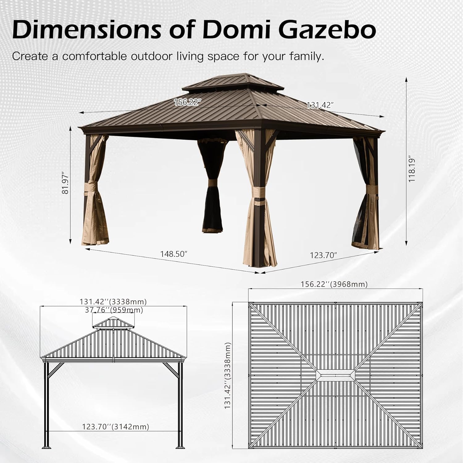 11x13FT Outdoor Gazebo, Hardtop Gazebo with Galvanized Steel Double Roof, Metal Gazebos with Drainage System Patio Pergola for Patio Deck Backyard,Curtain and Netting,Brown
