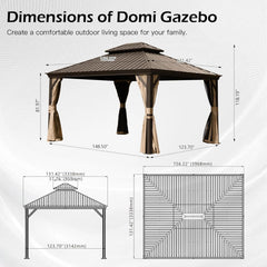 11x13FT Outdoor Gazebo, Hardtop Gazebo with Galvanized Steel Double Roof, Metal Gazebos with Drainage System Patio Pergola for Patio Deck Backyard,Curtain and Netting,Brown
