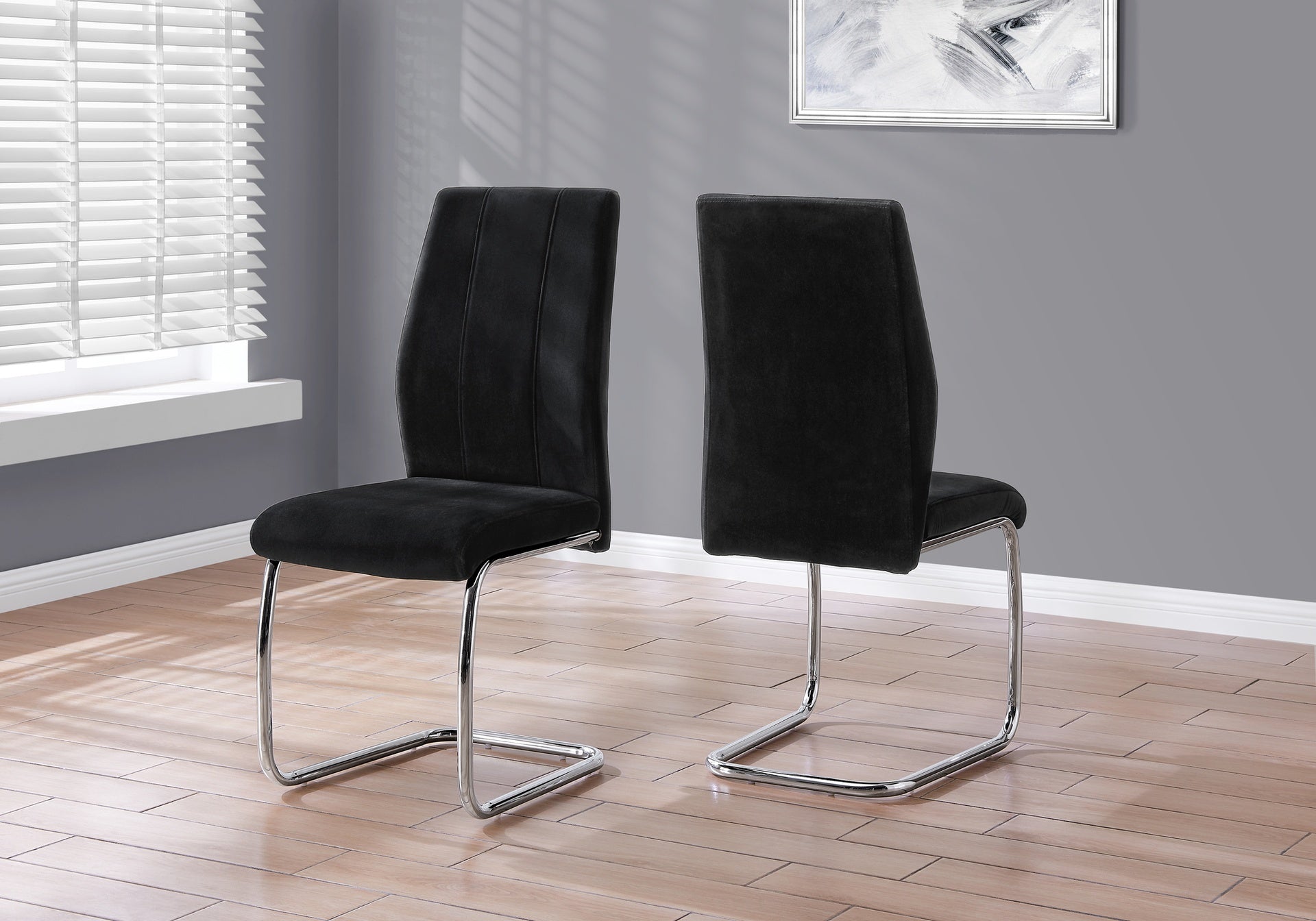 Dining Chair, Set Of 2, Side, Upholstered, Kitchen, Dining Room, 39" Height, Black Velvet, Chrome Metal, Contemporary, Modern