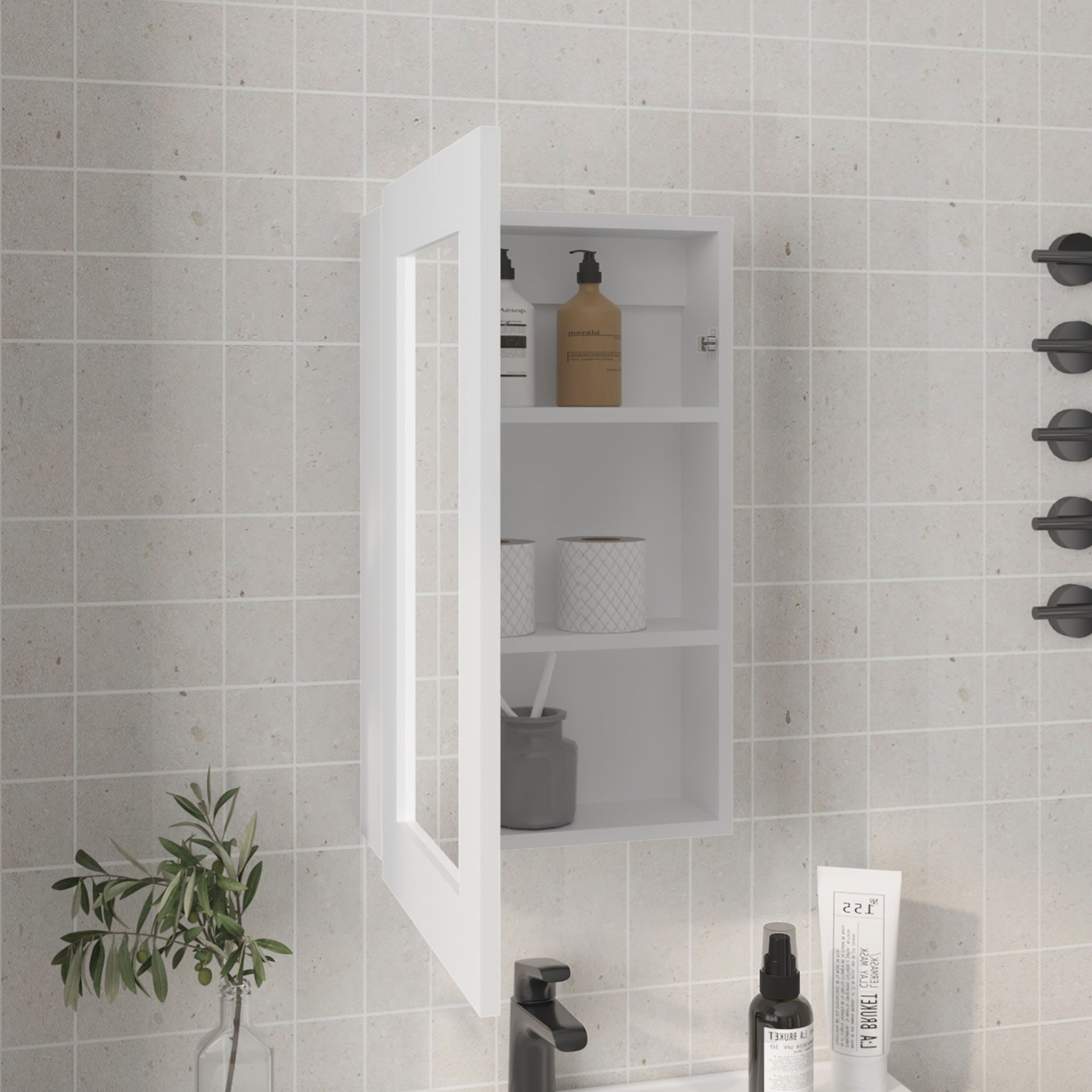 Medicine Cabinet 25.7" H, 1 Door, 3 Shelves, 1 Mirror, White