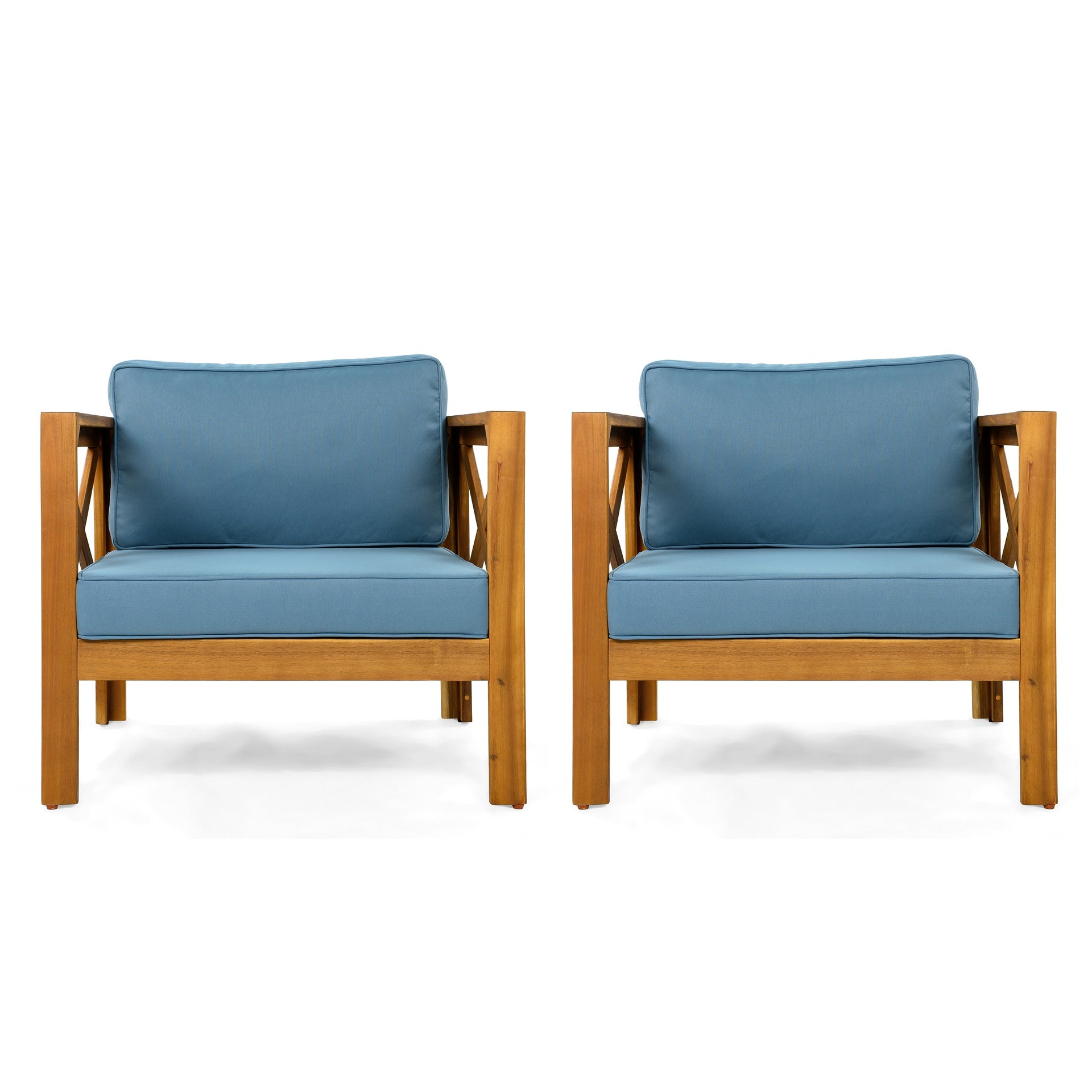 Outdoor Acacia Wood Club Wooden Armchair with Cushions (Set of 4), Conversation Set,Suitable For Outdoor Gatherings,Teak Finish,Blue cushion