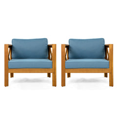 Outdoor Acacia Wood Club Wooden Armchair with Cushions (Set of 4), Conversation Set,Suitable For Outdoor Gatherings,Teak Finish,Blue cushion