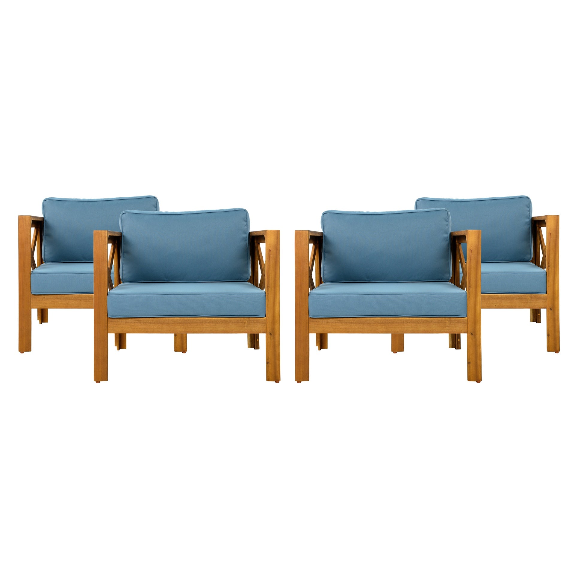 Outdoor Acacia Wood Club Wooden Armchair with Cushions (Set of 4), Conversation Set,Suitable For Outdoor Gatherings,Teak Finish,Blue cushion
