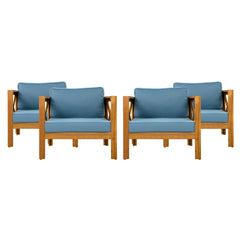 Outdoor Acacia Wood Club Wooden Armchair with Cushions (Set of 4), Conversation Set,Suitable For Outdoor Gatherings,Teak Finish,Blue cushion