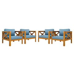 Outdoor Acacia Wood Club Wooden Armchair with Cushions (Set of 4), Conversation Set,Suitable For Outdoor Gatherings,Teak Finish,Blue cushion