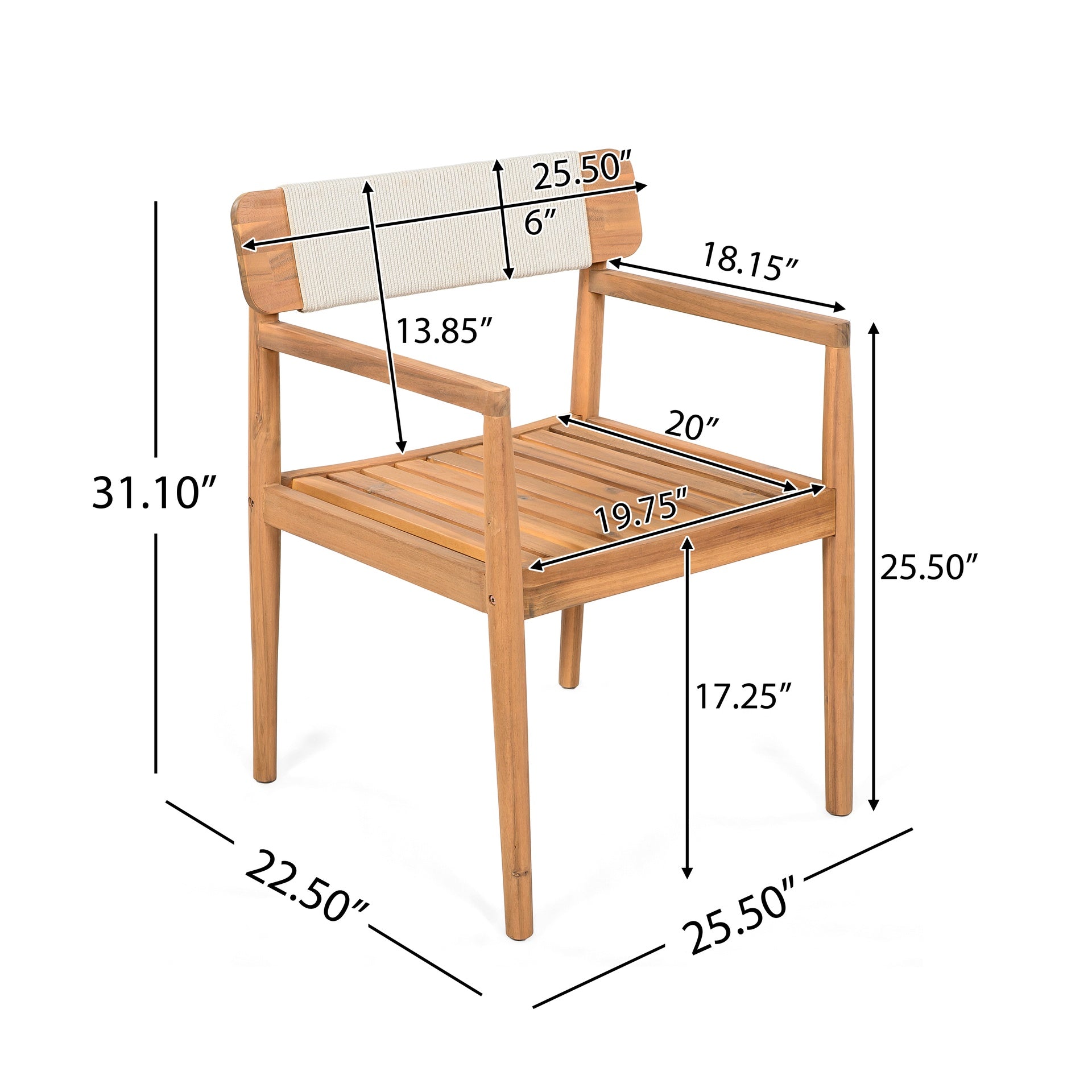 CREATIVE BRAIDED ACACIA WOOD OUTDOOR DINING TABLE AND CHAIRS WITH ARMRESTS, SUITABLE FOR OUTDOOR DINING AND LEISURE PLACES, TEAK LOOK & WHITE ROPE,SET OF 2