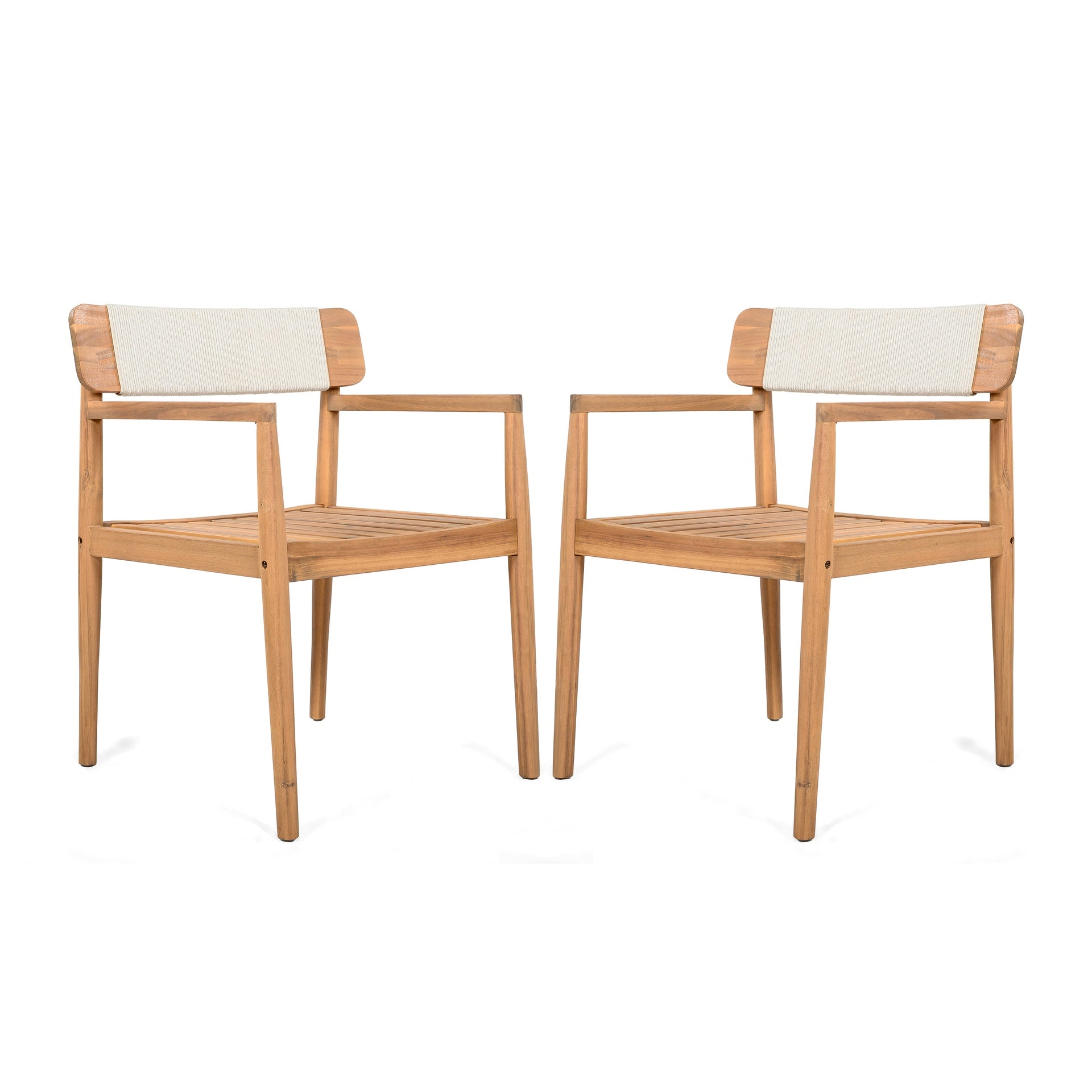 CREATIVE BRAIDED ACACIA WOOD OUTDOOR DINING TABLE AND CHAIRS WITH ARMRESTS, SUITABLE FOR OUTDOOR DINING AND LEISURE PLACES, TEAK LOOK & WHITE ROPE,SET OF 2