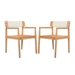 CREATIVE BRAIDED ACACIA WOOD OUTDOOR DINING TABLE AND CHAIRS WITH ARMRESTS, SUITABLE FOR OUTDOOR DINING AND LEISURE PLACES, TEAK LOOK & WHITE ROPE,SET OF 2