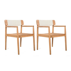 CREATIVE BRAIDED ACACIA WOOD OUTDOOR DINING TABLE AND CHAIRS WITH ARMRESTS, SUITABLE FOR OUTDOOR DINING AND LEISURE PLACES, TEAK LOOK & WHITE ROPE,SET OF 2