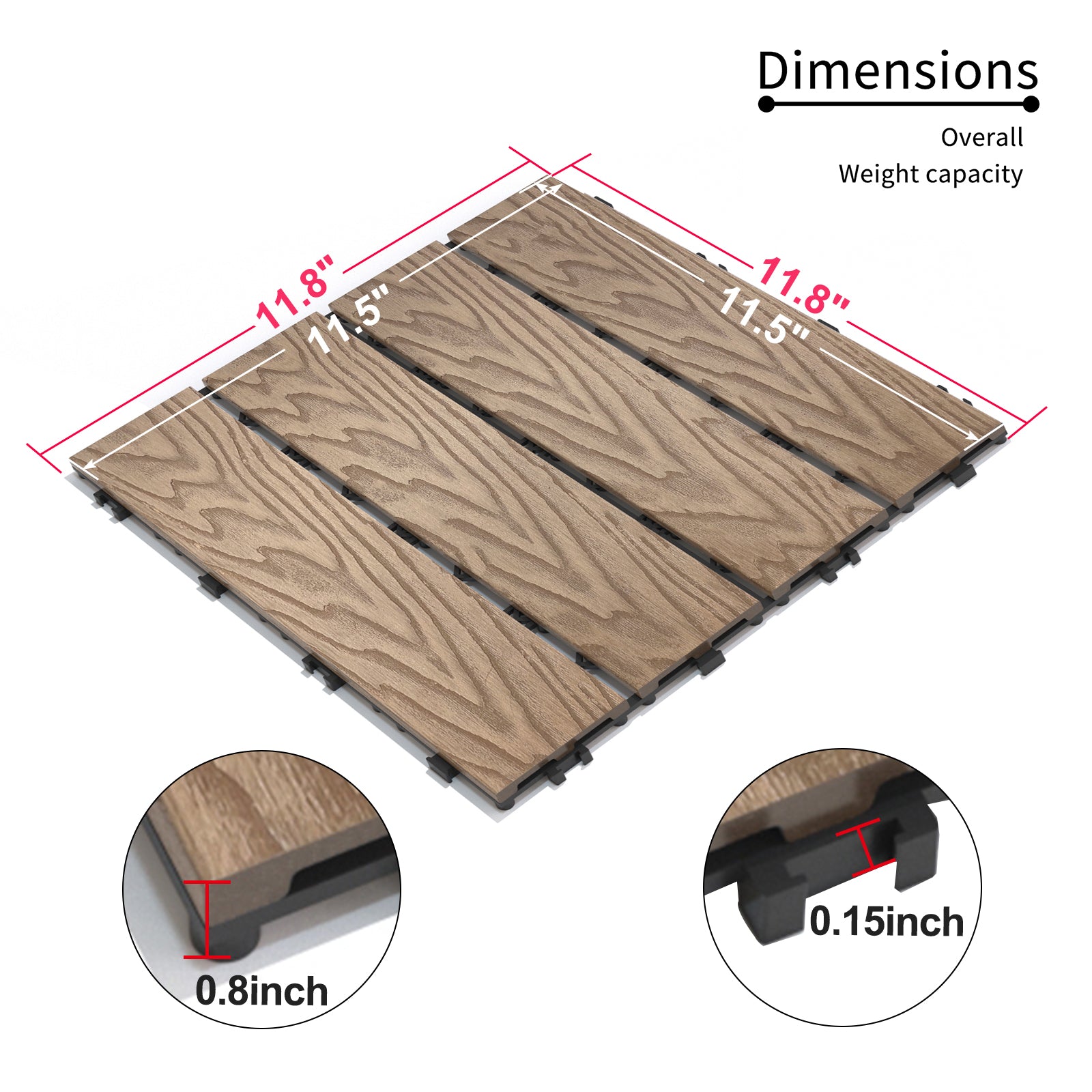 Patio Floor Tiles Pack of 11  WPC Wood-Plastic Composite Patio Deck Tiles DIY Interlocking Decking Tiles, Quick Deck Floor Tile, Court Tile, Water Resistant Indoor Outdoor -11.8" 3D TEAK