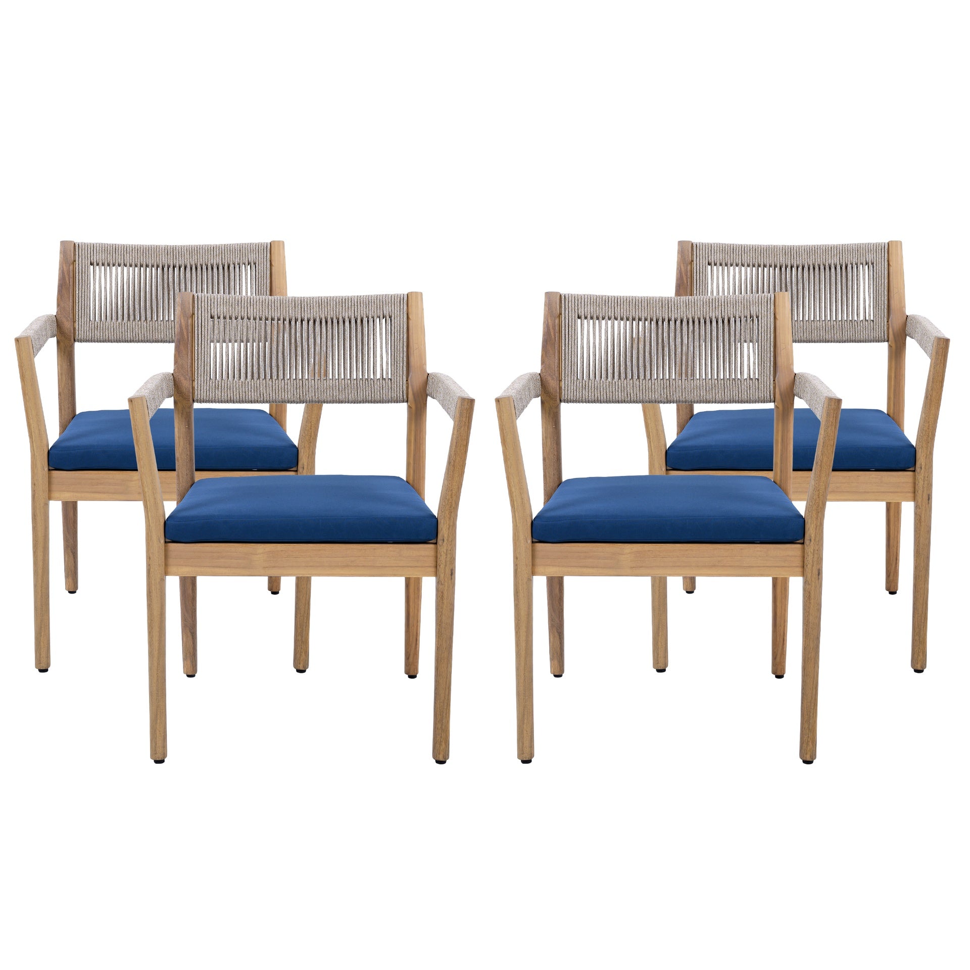 Braided Acacia Wood Outdoor Dining Chairs Set of 4 – Teak Look with Beige Rope & Navy  Cushions,All-Weather Patio Furniture for Garden, Poolside, and Backyard (Durable & Stylish)