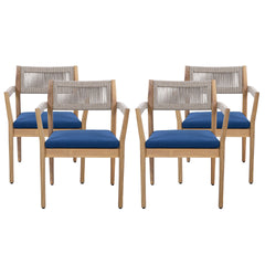 Braided Acacia Wood Outdoor Dining Chairs Set of 4 – Teak Look with Beige Rope & Navy  Cushions,All-Weather Patio Furniture for Garden, Poolside, and Backyard (Durable & Stylish)