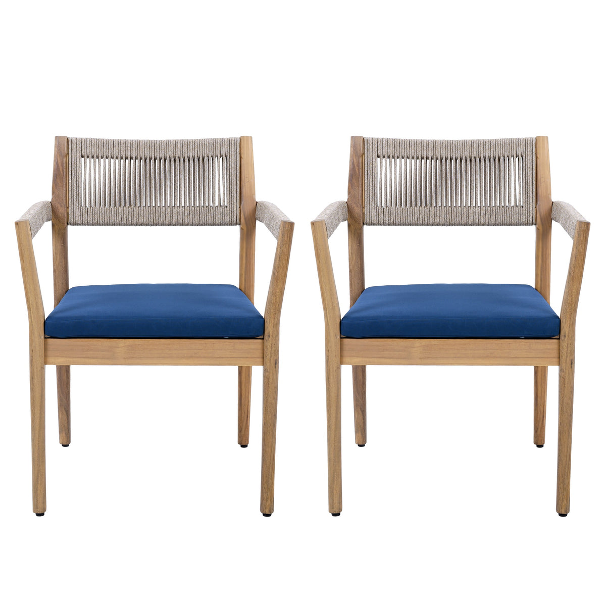 Braided Acacia Wood Outdoor Dining Chairs Set of 4 – Teak Look with Beige Rope & Navy  Cushions,All-Weather Patio Furniture for Garden, Poolside, and Backyard (Durable & Stylish)
