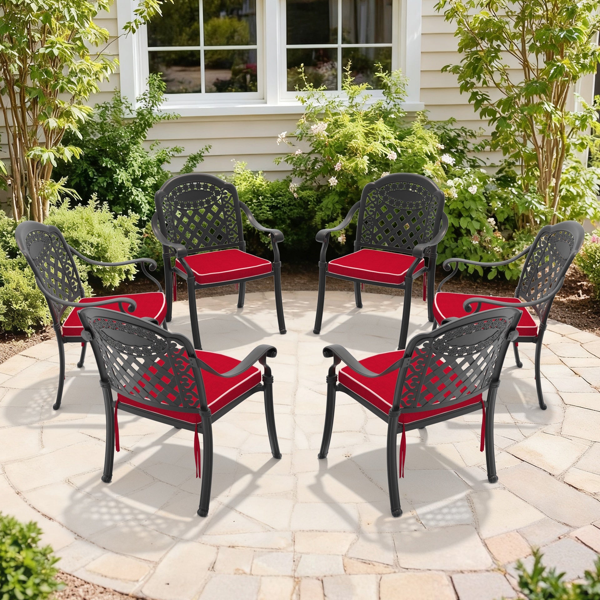 Cast Aluminum Patio Dining Chair 6PCS With Black Frame and Red Cushions (same as: W1710S00480)