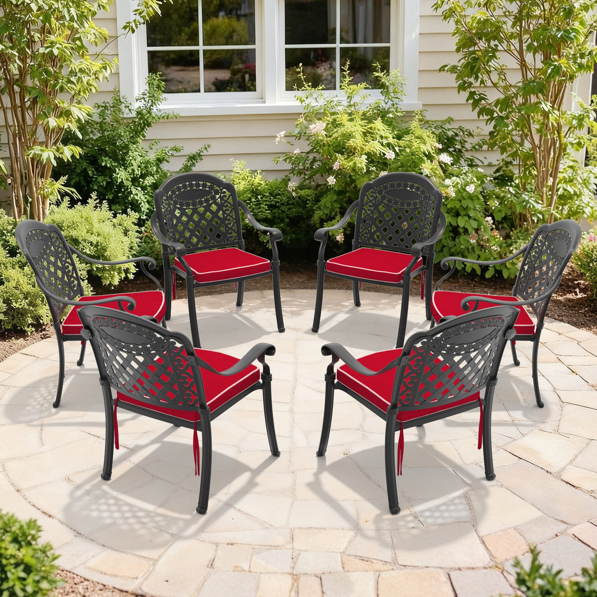 Cast Aluminum Patio Dining Chair 6PCS With Black Frame and Red Cushions (same as: W1710S00480)
