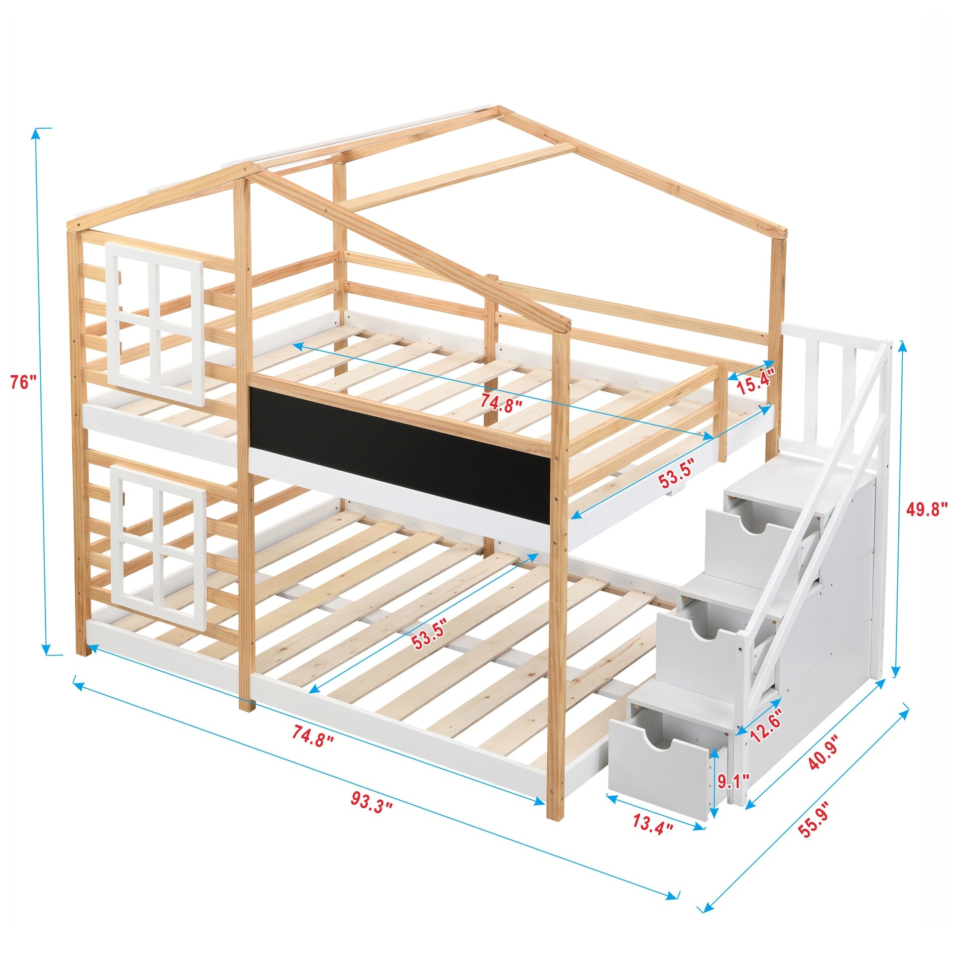 Full over Full  Bunk Bed House Bed With Roof Windows Blackboard And Storage Ladder Platform Bed,bed Frame