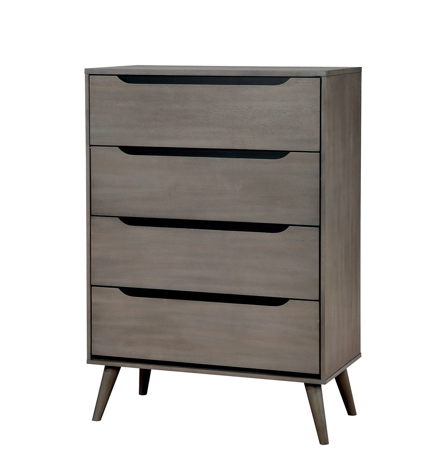 Modern Mid-Century Style 1pc Chest Round Tapered Legs Four Drawers Recessed Handle Gray Finish