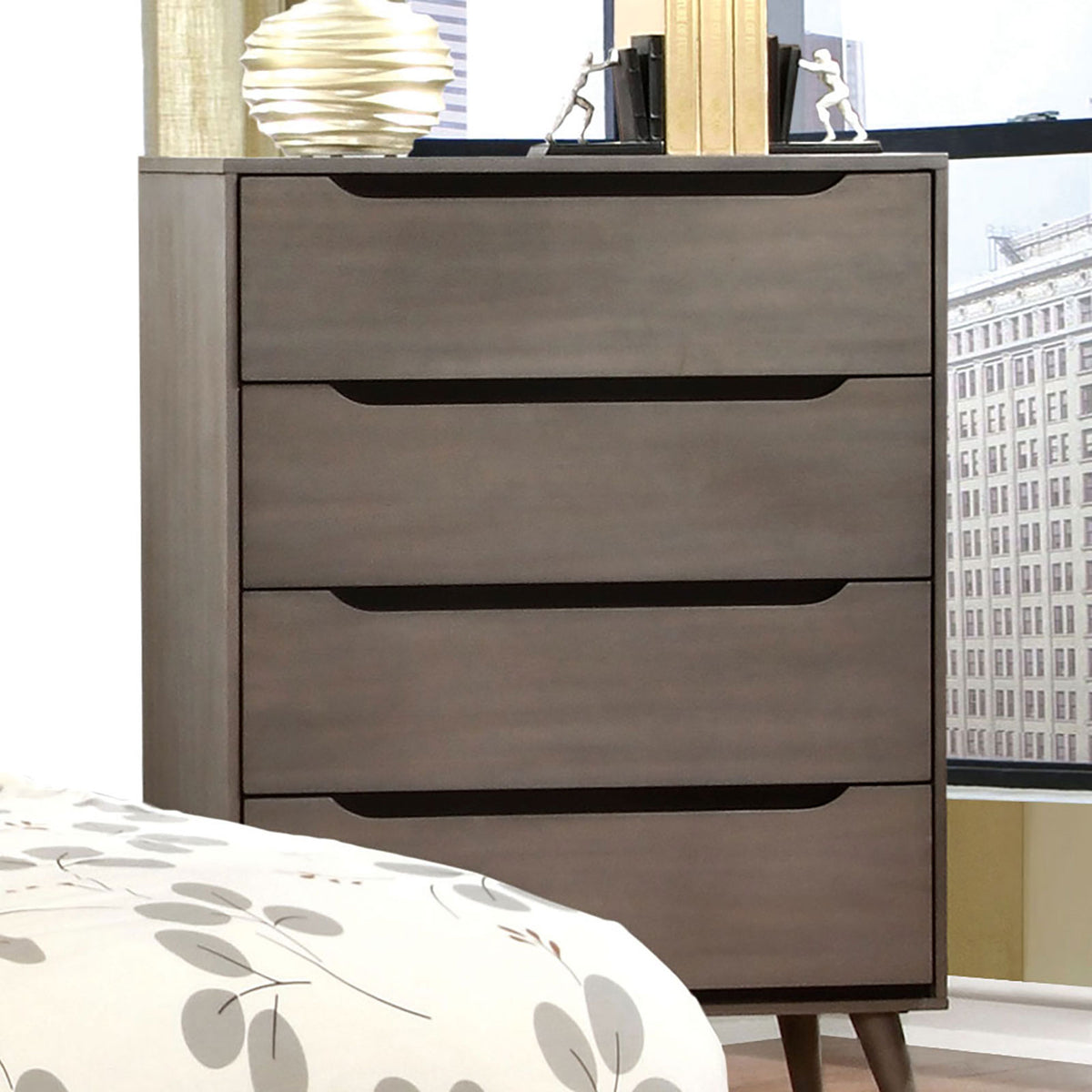 Modern Mid-Century Style 1pc Chest Round Tapered Legs Four Drawers Recessed Handle Gray Finish
