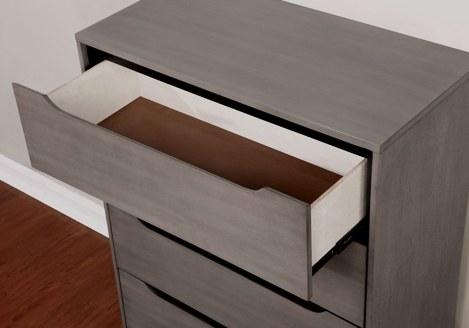 Modern Mid-Century Style 1pc Chest Round Tapered Legs Four Drawers Recessed Handle Gray Finish