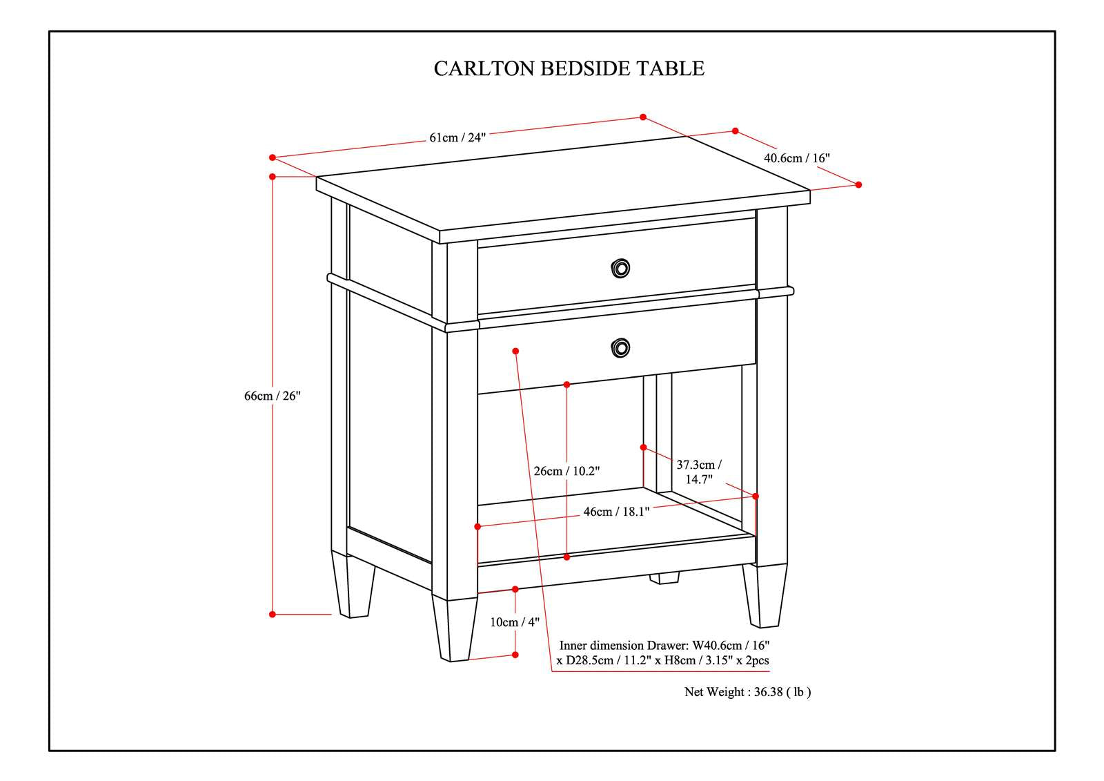 Carlton 24 inch Wide Solid Wood Bedside Table in Dark Tobacco Brown