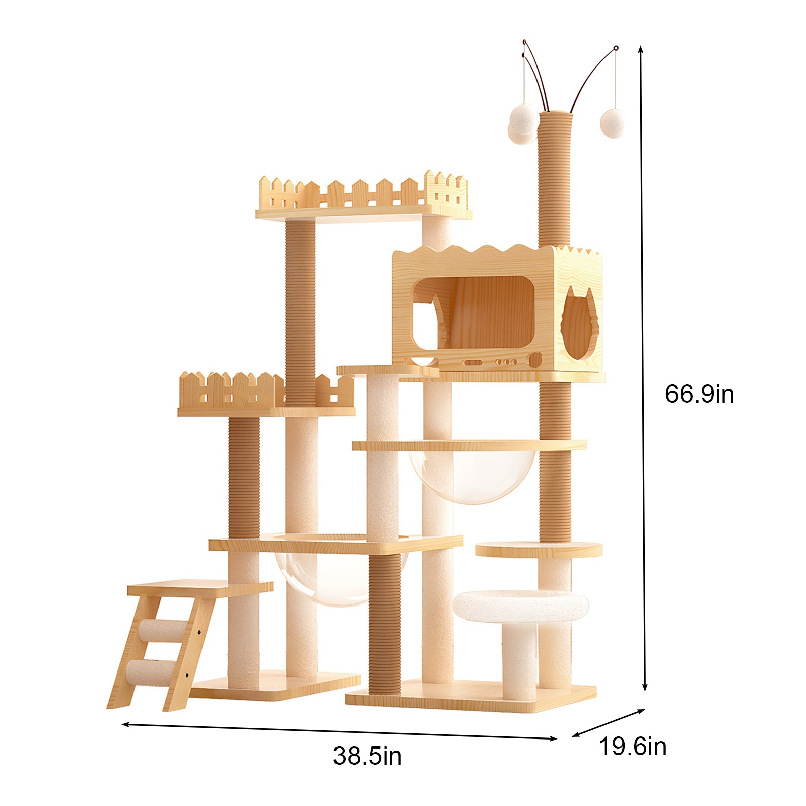 66.9" Modern Cat Tower, Wood Cat Tree Tower for Indoor Cats, Cat Treewith Sisal-Covered Scratching Posts and Top Perch, Cat Condo with Acrylic Hammock for Multi-Cat Households