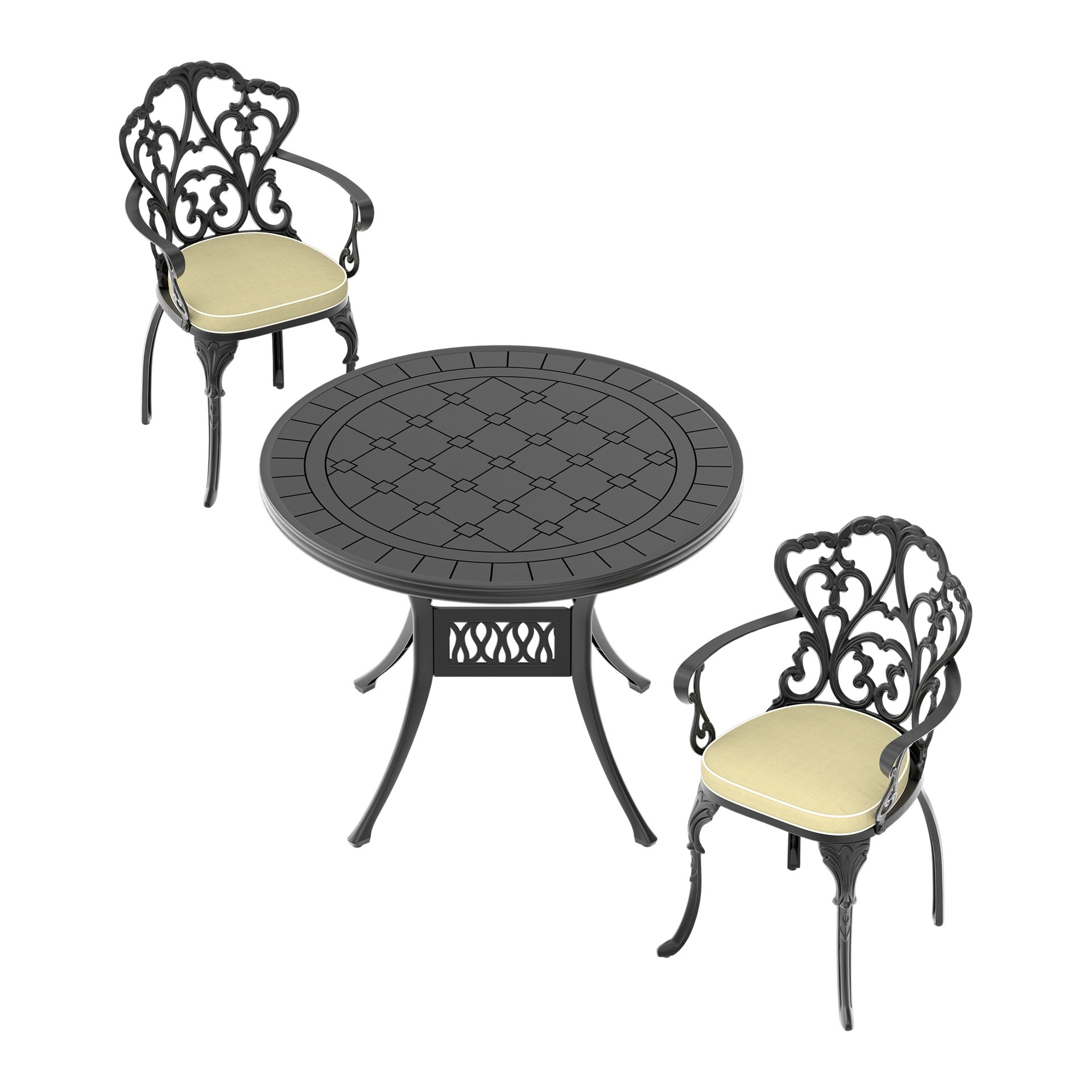 3-Piece Set Of Cast Aluminum Patio Furniture With Beige Cushions