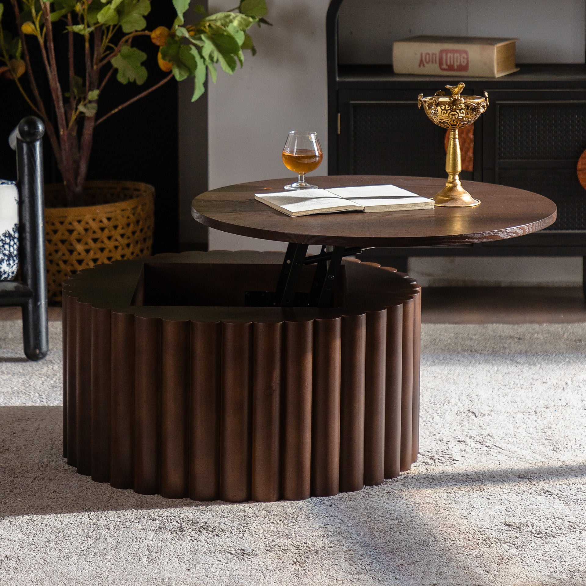 Round Coffee Table With Lift Handcrafted Relief Sturdy Pedestal Wooden Tea Table for Living Room no need to Assemble