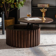 Round Coffee Table With Lift Handcrafted Relief Sturdy Pedestal Wooden Tea Table for Living Room no need to Assemble