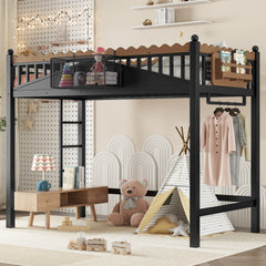 Twin XL Size Loft Bed with Ladders, Metal Loft Bed with Storage Shelves and bookshelf, No Box Spring Needed and Chic Design, Black