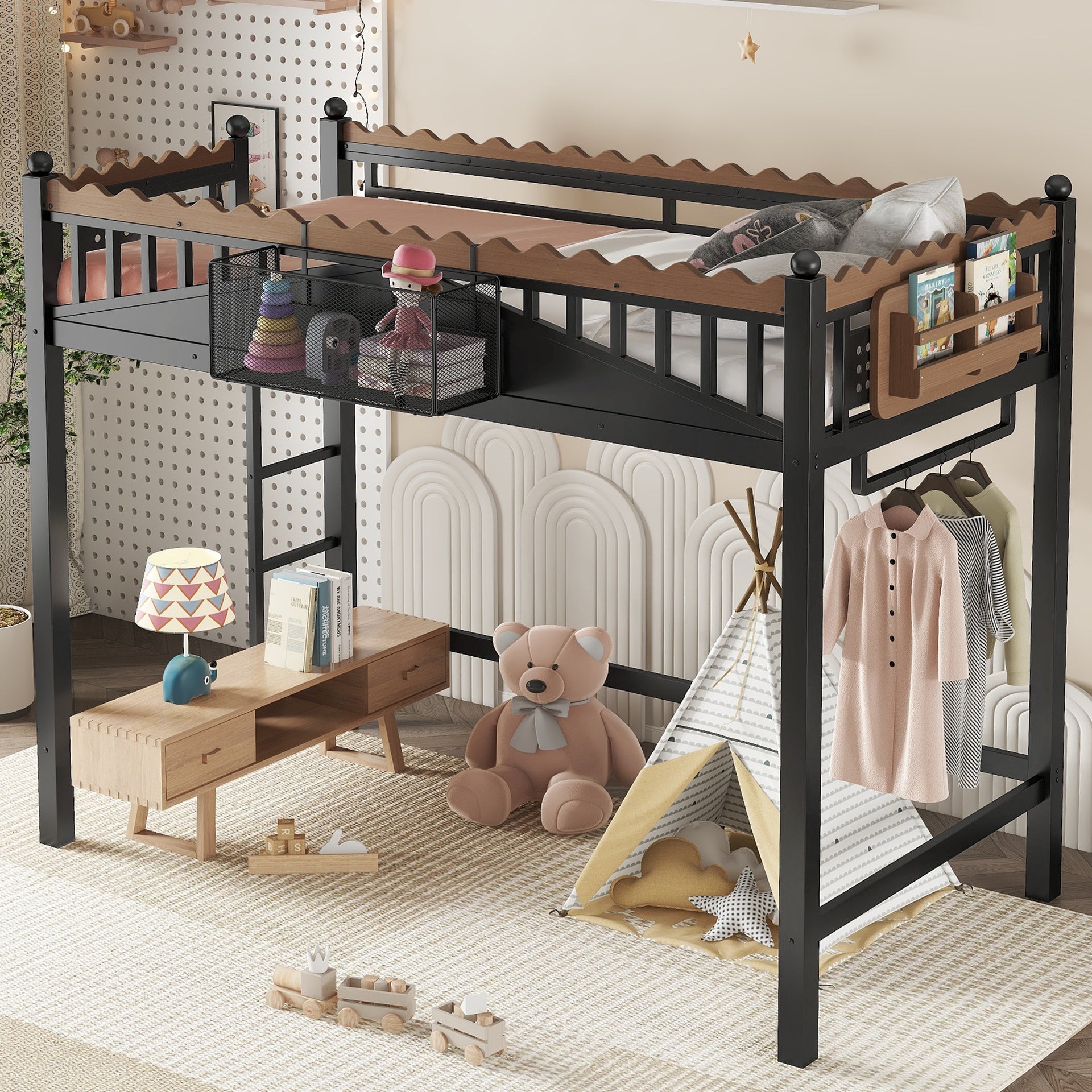Twin XL Size Loft Bed with Ladders, Metal Loft Bed with Storage Shelves and bookshelf, No Box Spring Needed and Chic Design, Black
