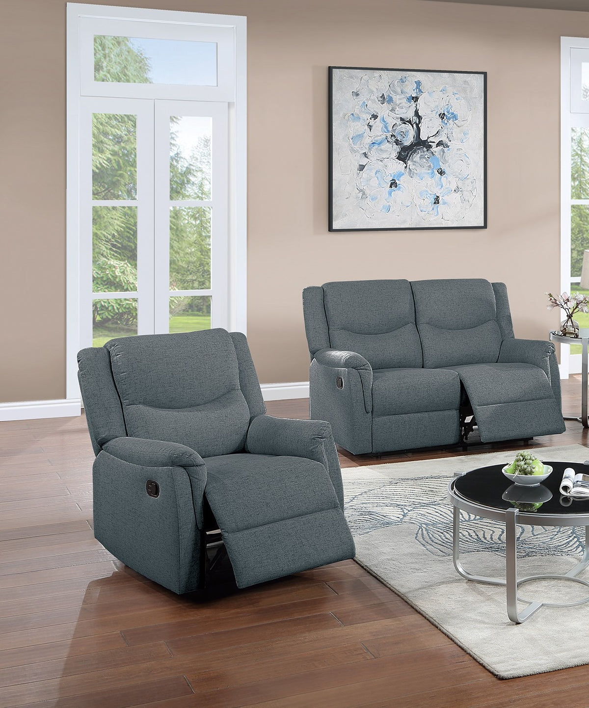 Modern Style 2pc Living Room Set 1x Loveseat 1x Recliner Fully Upholstered Supportive Backrest Dark Gray Finish Manual Motion Primary Living Room Furniture