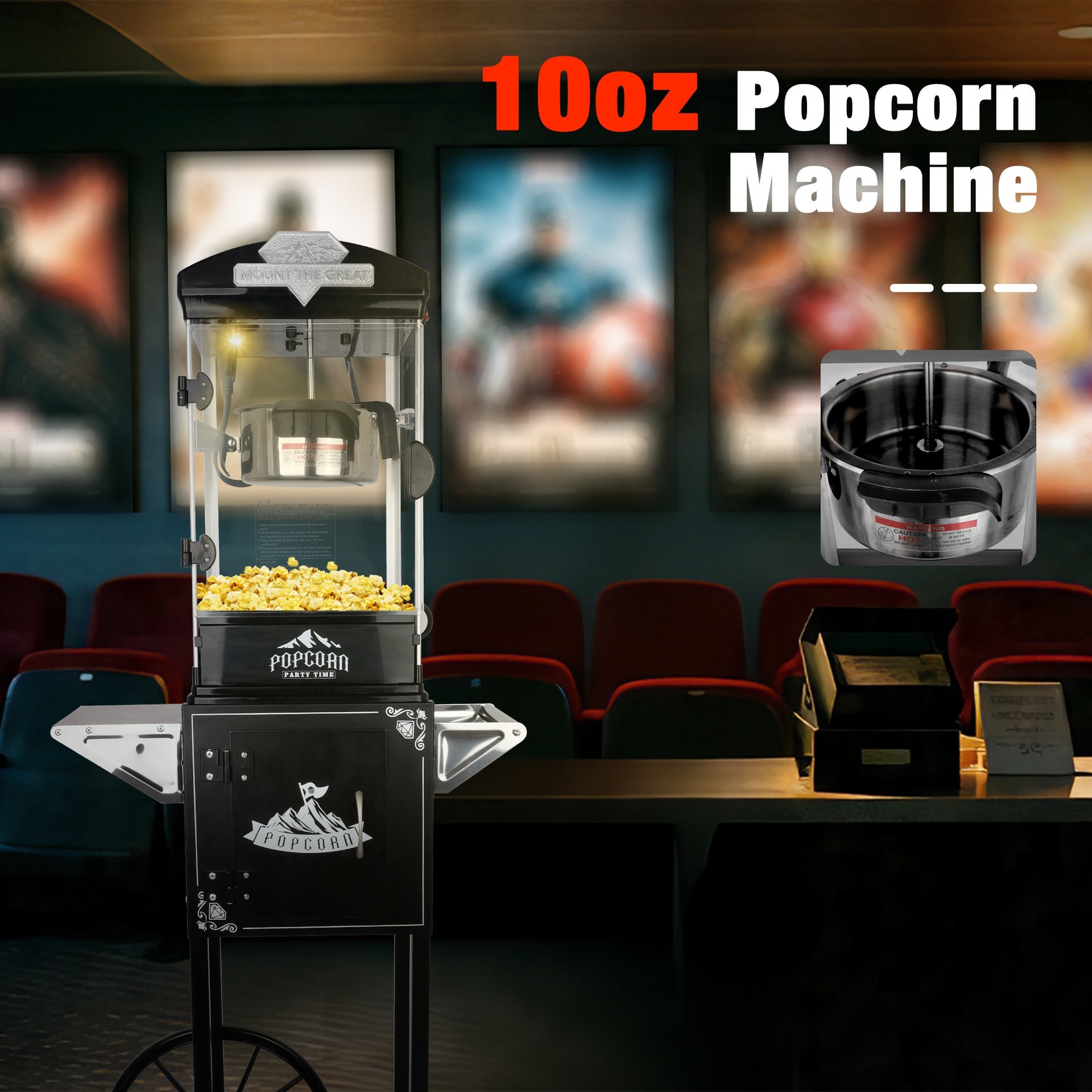 Popcorn Machine with Cart ,Wheels & 10 Oz Kettle Popcorn Maker Measuring 3 plastic spoon Home Theater Popcorn Machine-Black