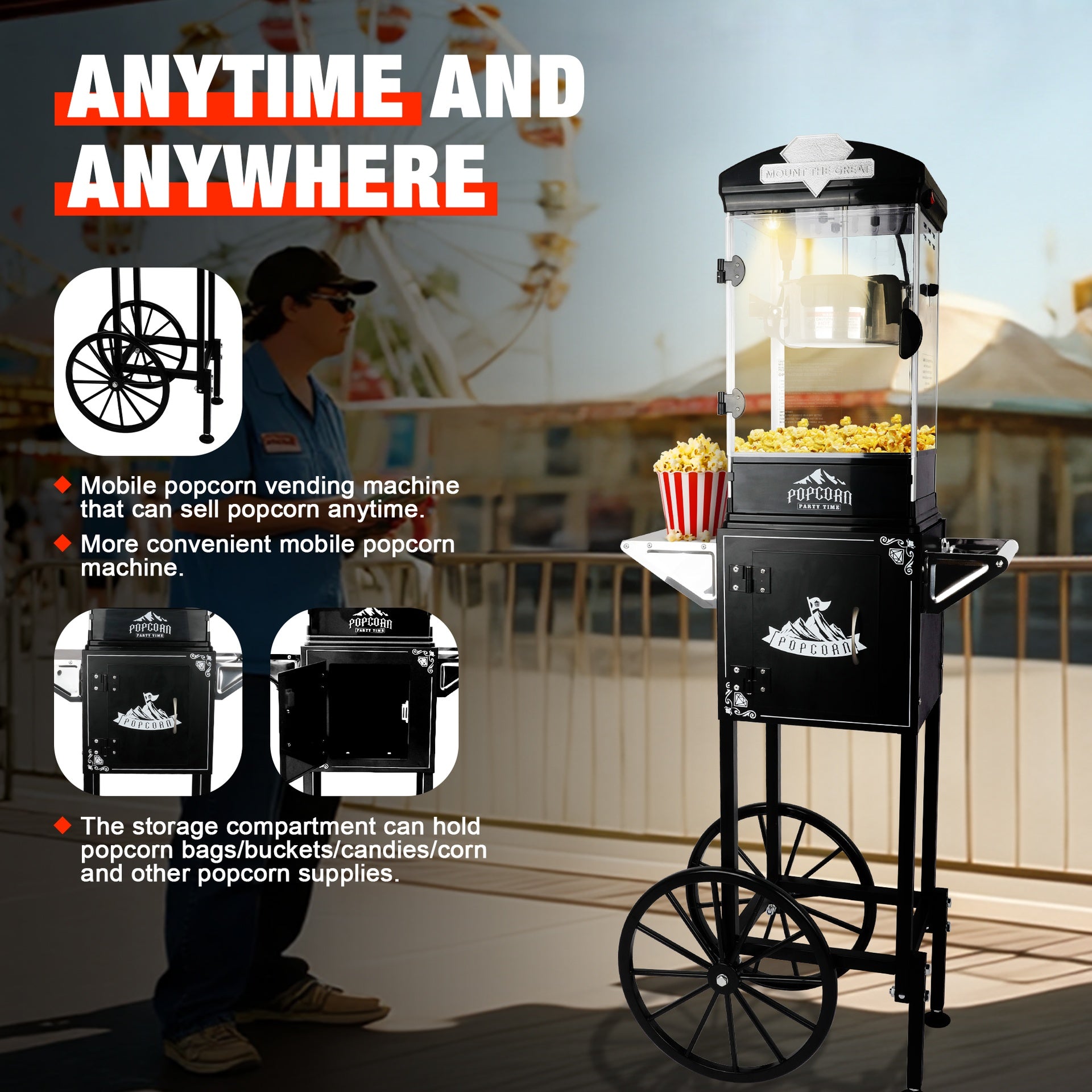 Popcorn Machine with Cart ,Wheels & 10 Oz Kettle Popcorn Maker Measuring 3 plastic spoon Home Theater Popcorn Machine-Black