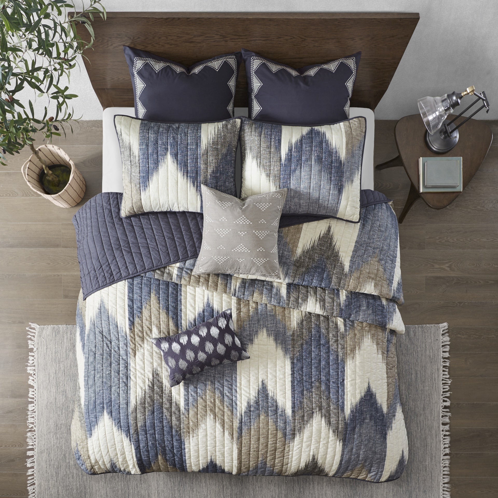 3 Piece Printed Cotton Quilt Set Navy King/Cal King