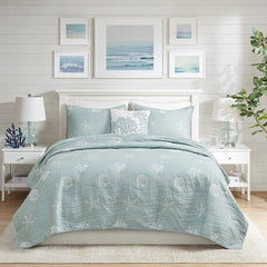 4 Piece Cotton Reversible Embroidered Quilt Set with Throw Pillow Aqua Full/Queen