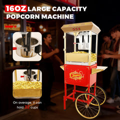 16Oz Commercial Popcorn Machine With Cart  and 16 Oz Kettle , Movie Theater Popcorn Machine, Red Golden Pop Corn Machine with 3-Switch Control & Steel Frame Tempered Glass Doors