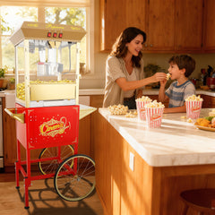 16Oz Commercial Popcorn Machine With Cart  and 16 Oz Kettle , Movie Theater Popcorn Machine, Red Golden Pop Corn Machine with 3-Switch Control & Steel Frame Tempered Glass Doors