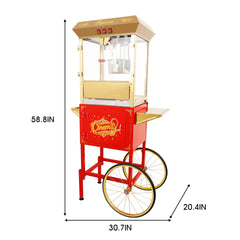 16Oz Commercial Popcorn Machine With Cart  and 16 Oz Kettle , Movie Theater Popcorn Machine, Red Golden Pop Corn Machine with 3-Switch Control & Steel Frame Tempered Glass Doors