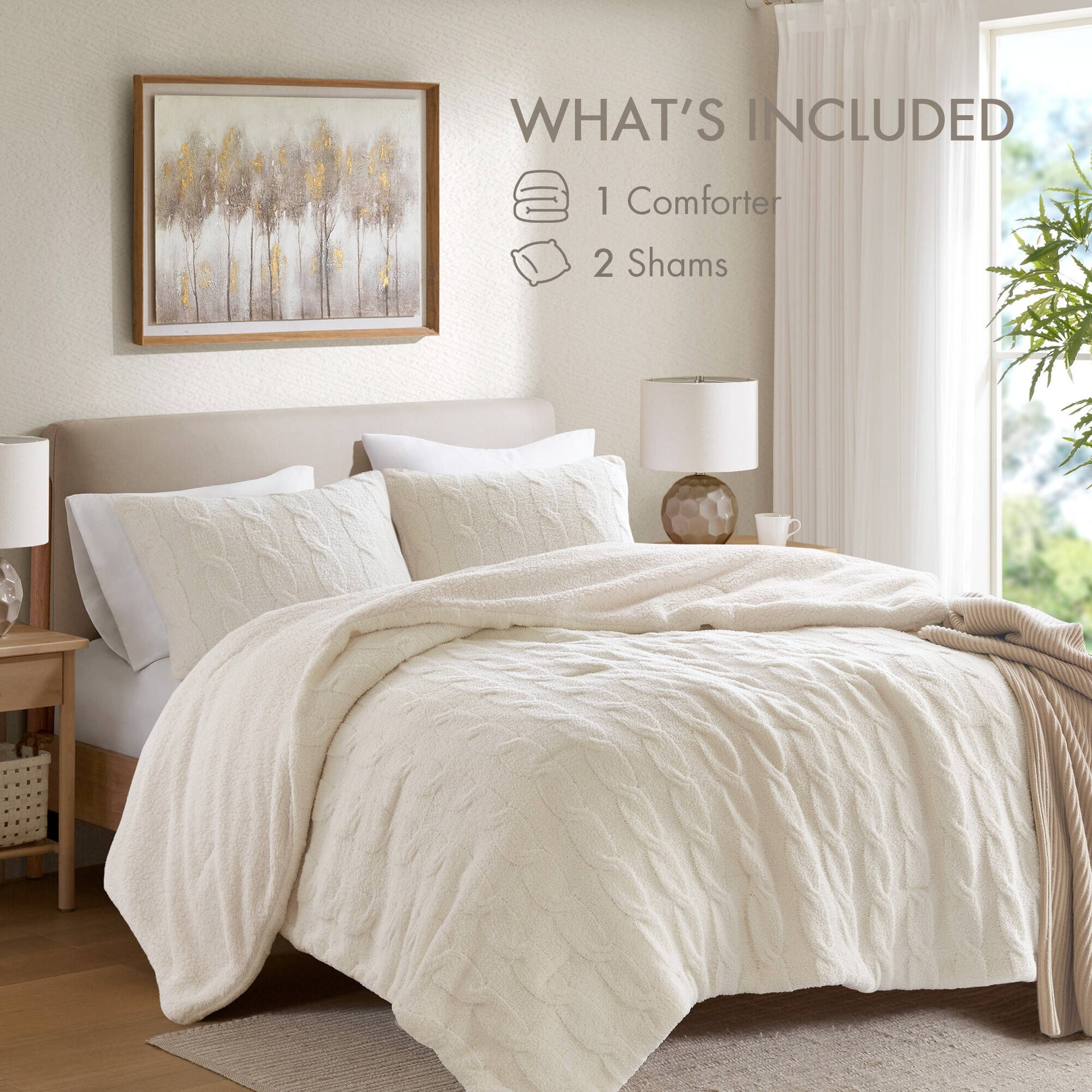 3 Pieces King/Cal King Cable Knit Chenille Comforter Set,Ivory