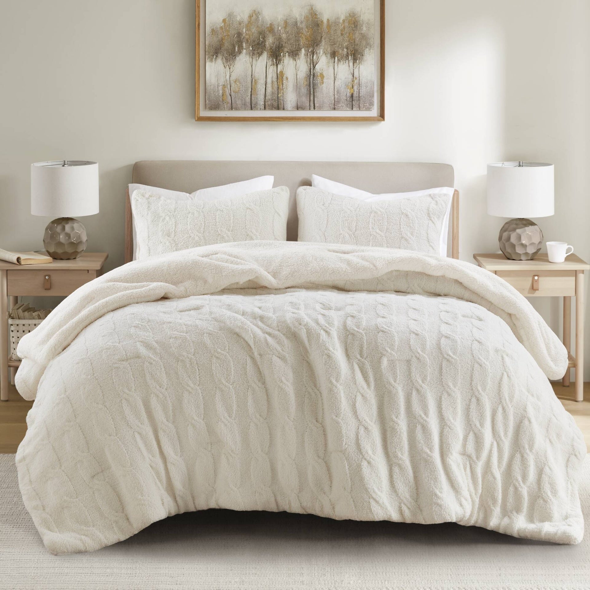 3 Pieces King/Cal King Cable Knit Chenille Comforter Set,Ivory