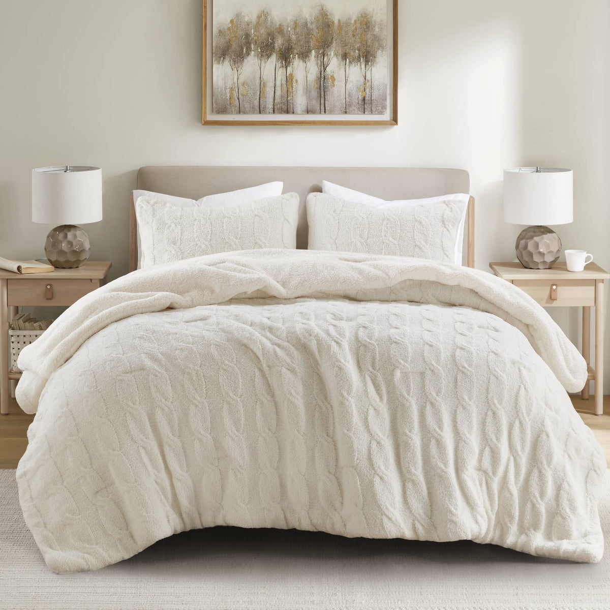 3 Pieces King/Cal King Cable Knit Chenille Comforter Set,Ivory