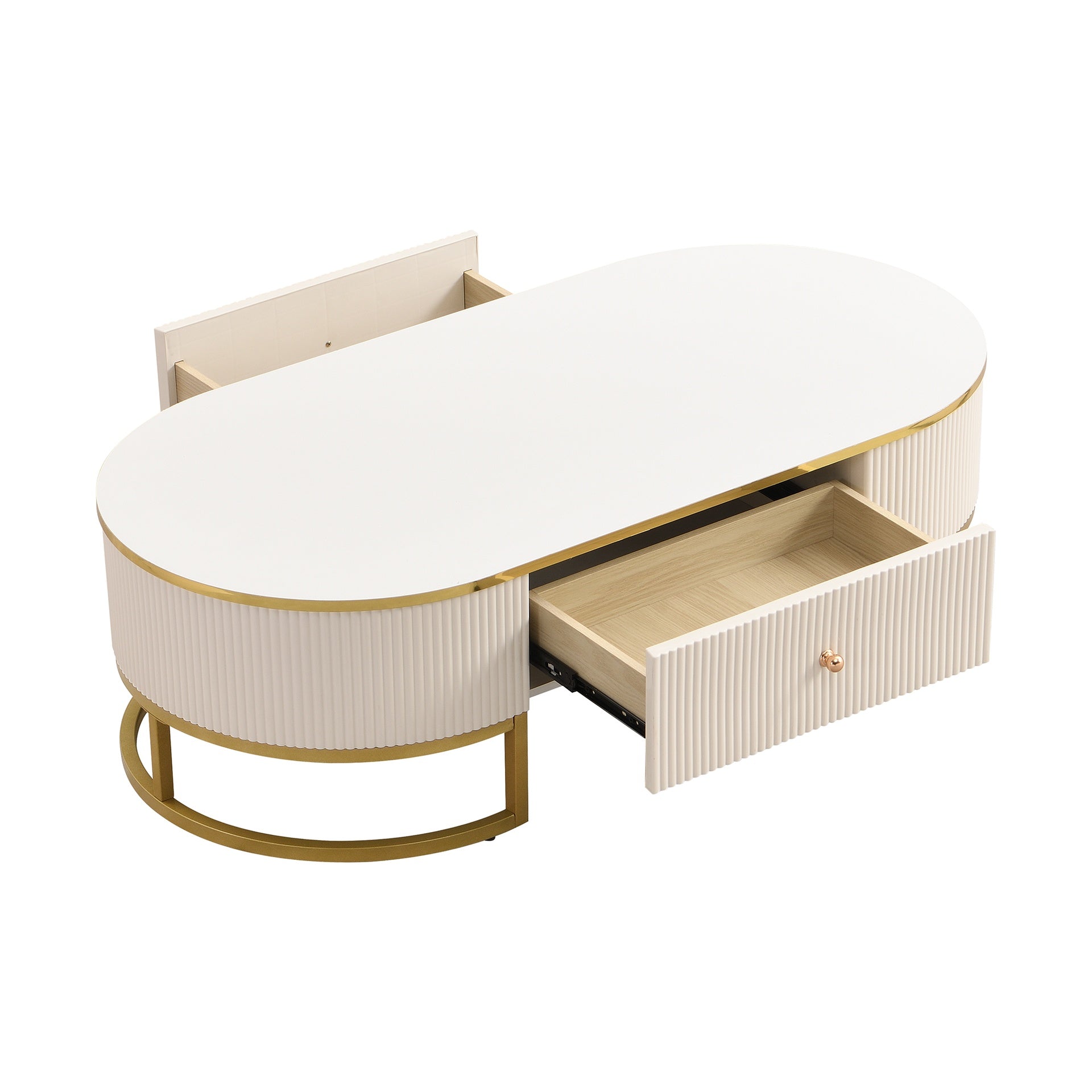 Modern Oval Coffee Table with Drawers,Curved Profile Design, Gold Metal Decor, Center Table for Living Room in 47.2"