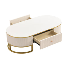 Modern Oval Coffee Table with Drawers,Curved Profile Design, Gold Metal Decor, Center Table for Living Room in 47.2"